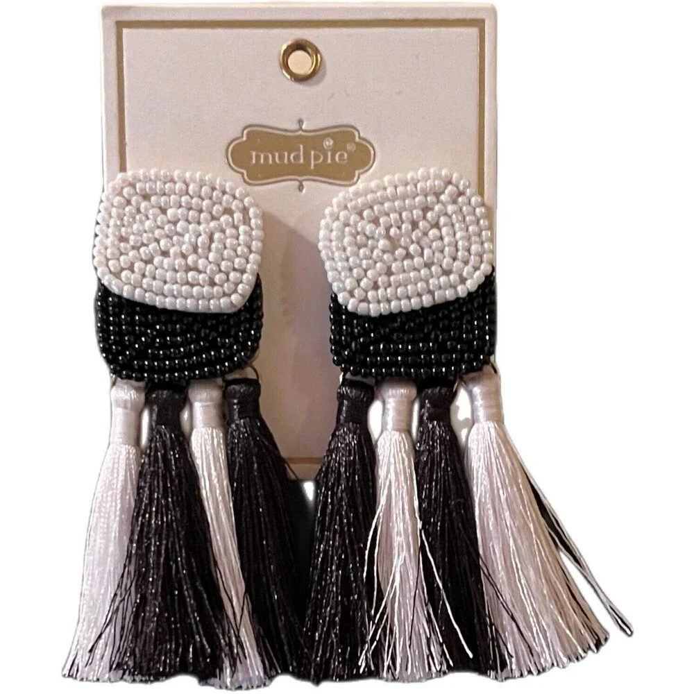 Mud Pie Women's Beaded Black & White Tassel Earrings-Pierced/Hypoallergenic NWT